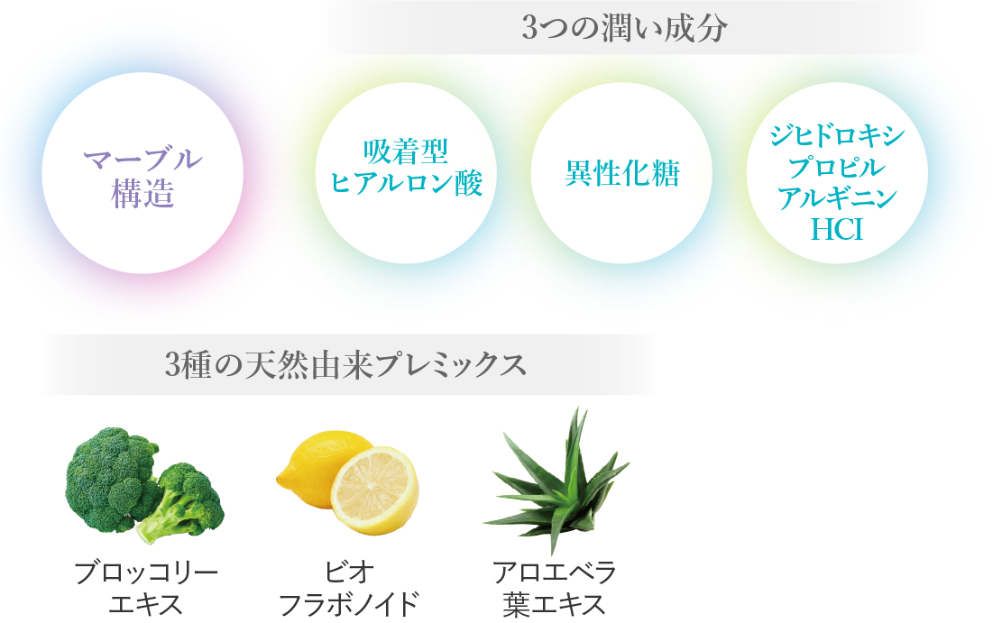 マーブル構造 吸着型ヒアルロン酸 異性化糖 ジヒドロキシプロピルアルギニンHCI